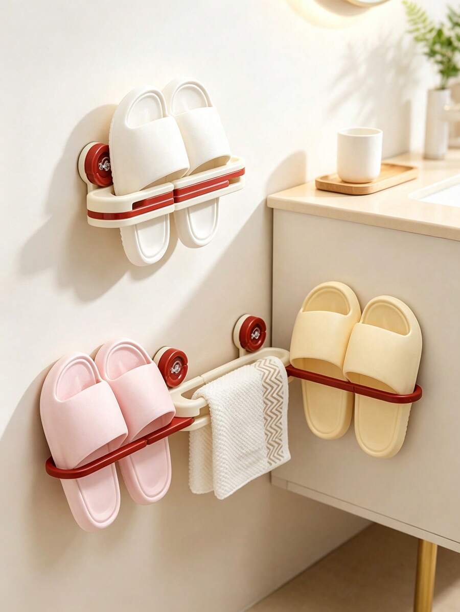 1pc Wall Mounted Slipper Rack, No Drill Suction Cup Bathroom Shoe Holder, Multifunctional Towel & Slipper Storage Organizer, Foldable Plastic Hanging Rack, Space Saving Bathroom Accessory, Quick Drying Design, Keep Bathroom Tidy For Shower Room