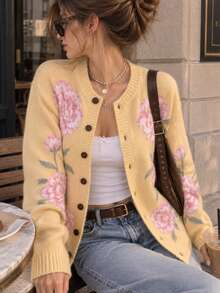 Women Yellow Floral Print Graphic Knit Cardigan, Button Front Long Sleeve Layering Sweater, Casual Fall Winter Fashion Top, Back To School Outfit - Yellow - View 5