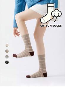 1/4 Pair Solid Color Striped Sports Casual Mid-Calf Socks, Autumn/Winter Style, Unisex, Comfortable For Daily Wear, Travel, Indoor And Home, Soft Breathable Cotton Socks - Multicolor - View 6