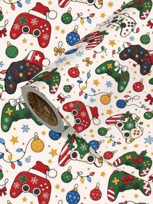1 Roll Of Christmas Gift Wrapping Paper With Christmas-Themed Game Controller Pattern,Perfect For Wrapping Christmas Gifts, Decorating For Christmas Parties, And Holiday Gift-Giving,DIY Craft,Festive Favour Wrapping ,1 Roll Size: 43 Cm X 300 Cm. - A - View 1