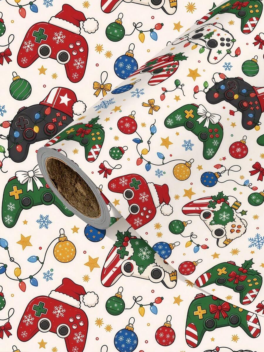 1 Roll Of Christmas Gift Wrapping Paper With Christmas-Themed Game Controller Pattern,Perfect For Wrapping Christmas Gifts, Decorating For Christmas Parties, And Holiday Gift-Giving,DIY Craft,Festive Favour Wrapping ,1 Roll Size: 43 Cm X 300 Cm. - A - View 1