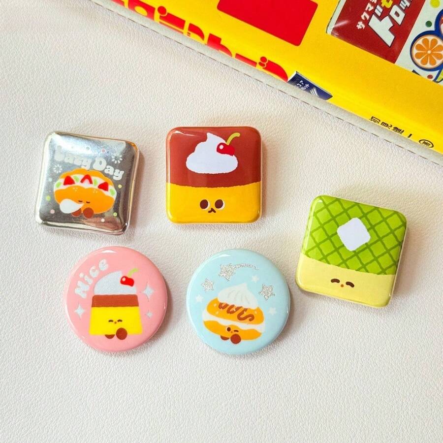 Cute Cartoon Dessert Pattern Round And Square Tin Badge Brooch, Sweet Pudding Croissant Waffle Design, Aesthetic Decorative Lapel Pin, Backpack Clothing Bag Accessory, Gift For Girls - A - View 1