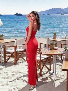 Women's Elegant Spaghetti Strap High Waist Beaded Rhinestone Petal Bandage Dress - Red - View 5