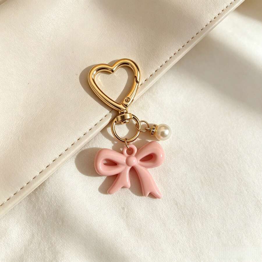 Pink Bow Pearl Pendant Heart Buckle Keychain, Girly Style Bag Charm Small Gift - A - View 1