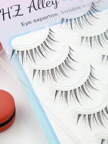 5 Pairs Japanese Manga Style Pointed Tail Ultra-Fine Black Stem False Eyelashes, Natural Sweet Fresh Soft Lightweight Realistic Eyelashes, Portable For Dating And Travel - Black - View 7