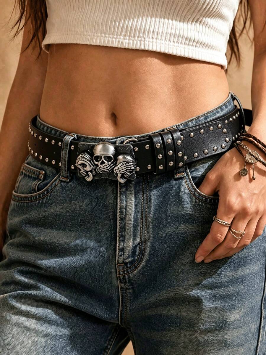 Skull Studded Leather Belt Punk Style Hip Hop Waist Belt Fashion Versatile Decorative Belt Student - A - View 1