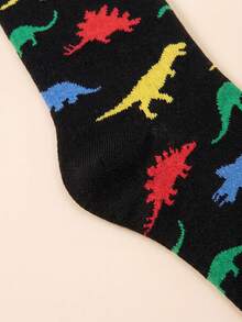 1/3 Pairs Unisex Colorful Dinosaur Print Black Crew Socks, Soft & Loose Fit Mid-Calf Socks, Suitable For Young People - Multicolor - View 4