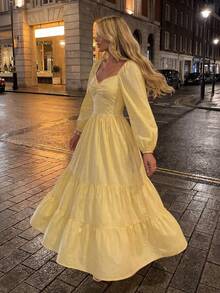 Yellow Square Neck Puff Long Sleeve Layered Maxi Dress, Bohemian Style Flowy Elegant Vacation Dress - Yellow - View 1