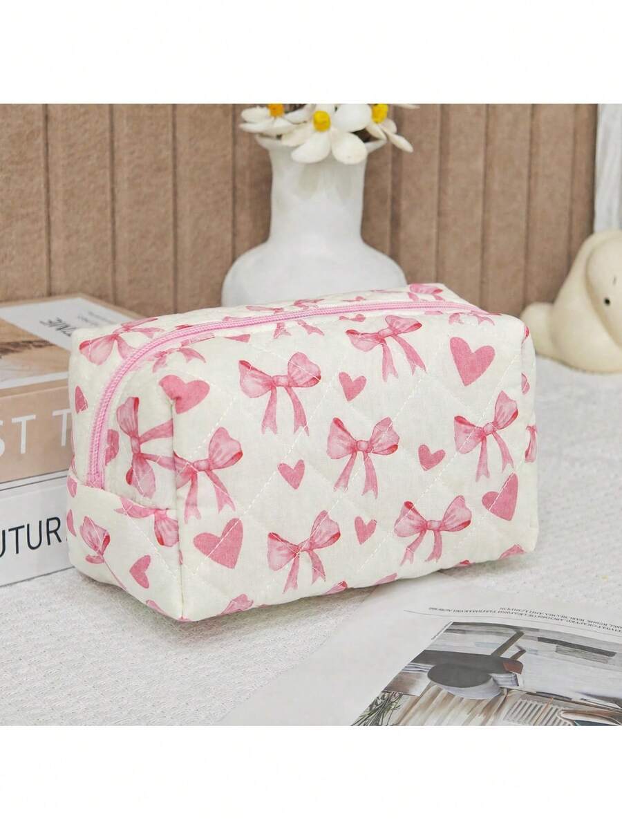 Tas Kosmetik Quilted Putih Krem dengan Pita Pink & Motif Hati, Tas Make Up Travel Kapasitas Besar - MultiWarna - View 1