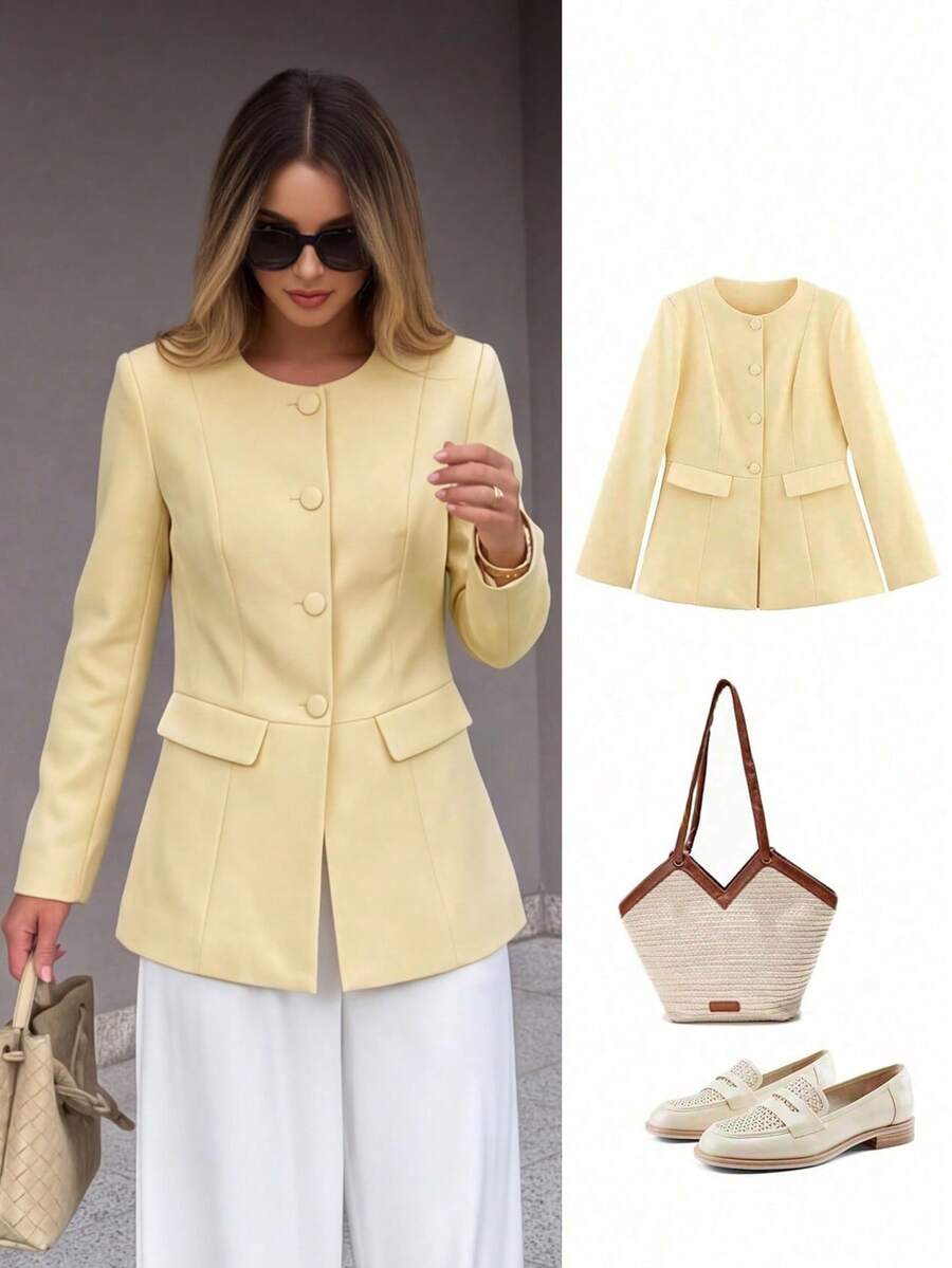 ACKCER Women's Fashionable Casual Round Neck Long Sleeve Button Front Jacket, Suitable For Spring, Summer And Autumn Yellow - Yellow - View 1