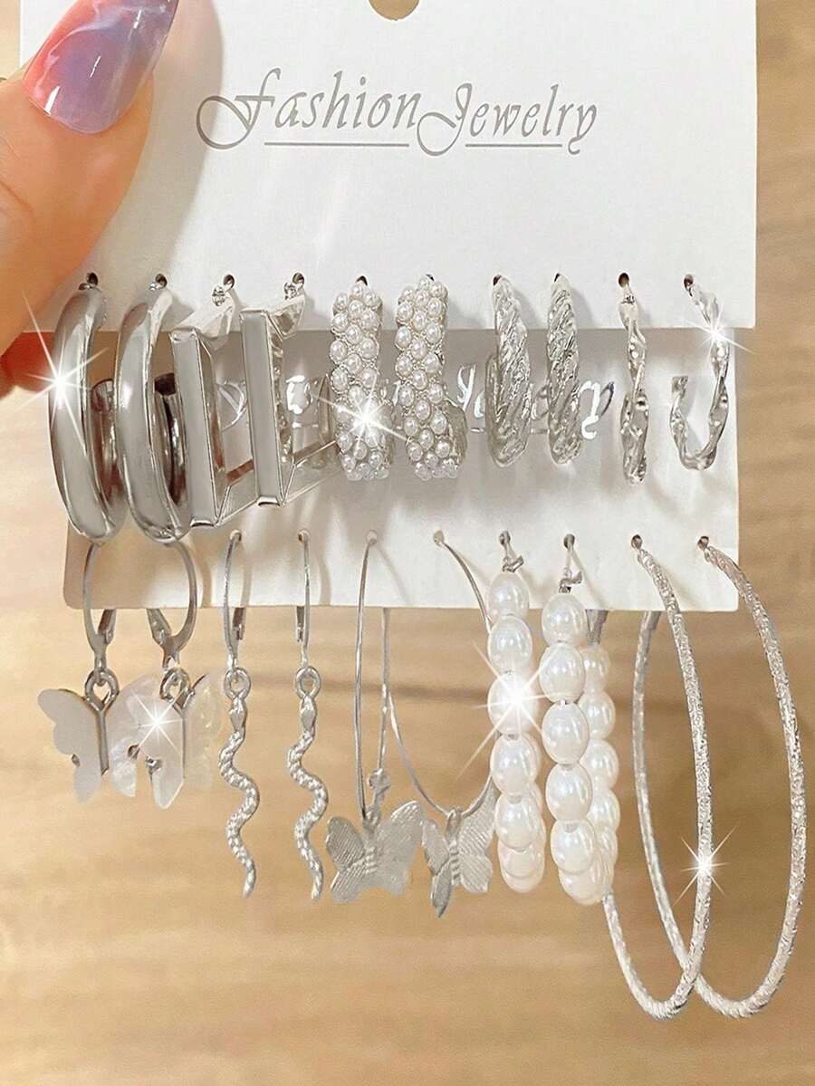 20pcs Faux Pearl Butterfly Snake Pendant Earrings Multi-Piece Set - Silver - View 1