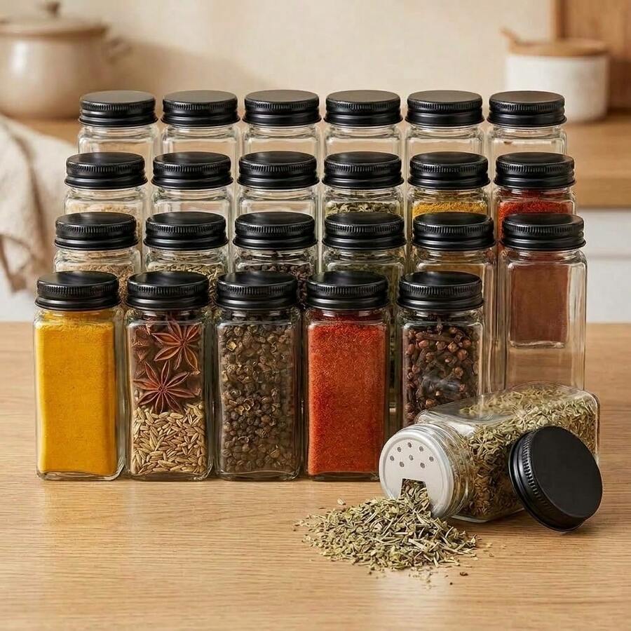 24-Piece Glass Spice Jar Set, 120ml Square Seasoning Containers With Metal Lids & Dual-Opening Shaker Inserts, Clear Kitchen Storage Jars For Herbs, Salt, Pepper & Spices - Clear - View 1