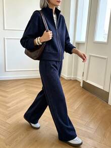 Women's Casual Hooded Sweatshirt And Wide Leg Pants 2 Pieces Set, Autumn Lounge Sets For Women - Navy - View 4