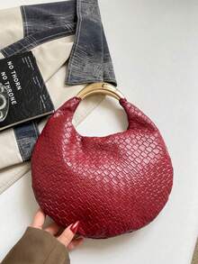 1件女款絎縫按扣PU編織紋理包，新款復古軟皮餃子包，時尚拼接百搭腋下包，優雅休閒半月包，油蠟皮大容量通勤休閒上班肩背包，秋冬美拉德手提包，適合辦公室工作、商務、約會、購物、旅行，送給女朋友、好朋友的禮物，女性日常使用 - 酒紅色 - 查看 6
