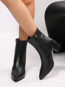 FVPFVP French Style High Heel Ankle Boots For Women, Soft Surface Chunky Heel Boots, 2024 Autumn/Winter New Patent Leather Design Professional Fashion Boots - Black - View 5
