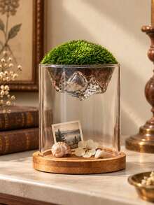 Creative Floating Mountain Landscape Glass Plant Terrarium, Dual-Use Moss Bonsai & Hydroponic Flower Vase, Bamboo Wood Base Collectible Display Ornament, Suitable For Photos, Stones, Shells And Other Small Items, Modern Home Desktop Decor, Multiple Sizes Available - A - View 10