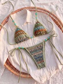 Bikinx Women's Bohemian Style Halter Neck Backless Textured Fabric Beaded Bikini Set, Side Tie Swim Bottoms, Suitable For Beach Wear - Multicolor - View 7