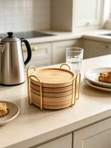 Bamboo Round Coaster Set With V-Shaped Gold Iron Storage Rack, 4-Piece And 6-Piece Organizer Set, Coaster Holder Also Functions As Cup Holder, Heat-Resistant Anti-Scald Water Cup Coaster, Natural Bamboo Tea Cup Coaster, Desktop Protection Pad, Home Coffee Cup Coaster, Minimalist Home Dining Table Coffee Table Decor, Easy Storage Non-Slip Coaster Home Gift. - Gold - View 4