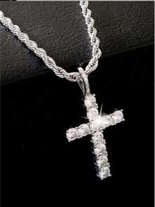 1pc Men's Cross Pendant Necklace, Twisted Chain, Hip Hop Rap Rock Style, Rhinestone Fashion Jewelry - Multicolor - View 4