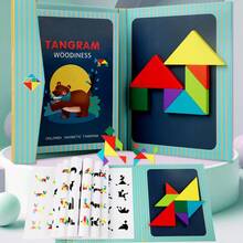 Sách giải đố Tangram bằng gỗ kèm thẻ thử thách, đồ chơi giáo dục trẻ em di động, rèn luyện tư duy logic, phù hợp cho du lịch, ngoài trời và mang theo học tập, đồ chơi thao tác - Trò chơi xếp hình Tangram - Xem 2