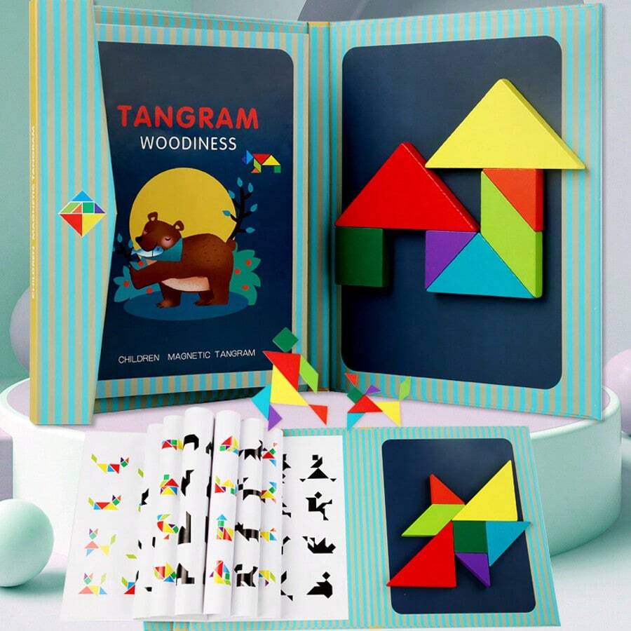 Sách giải đố Tangram bằng gỗ kèm thẻ thử thách, đồ chơi giáo dục trẻ em di động, rèn luyện tư duy logic, phù hợp cho du lịch, ngoài trời và mang theo học tập, đồ chơi thao tác