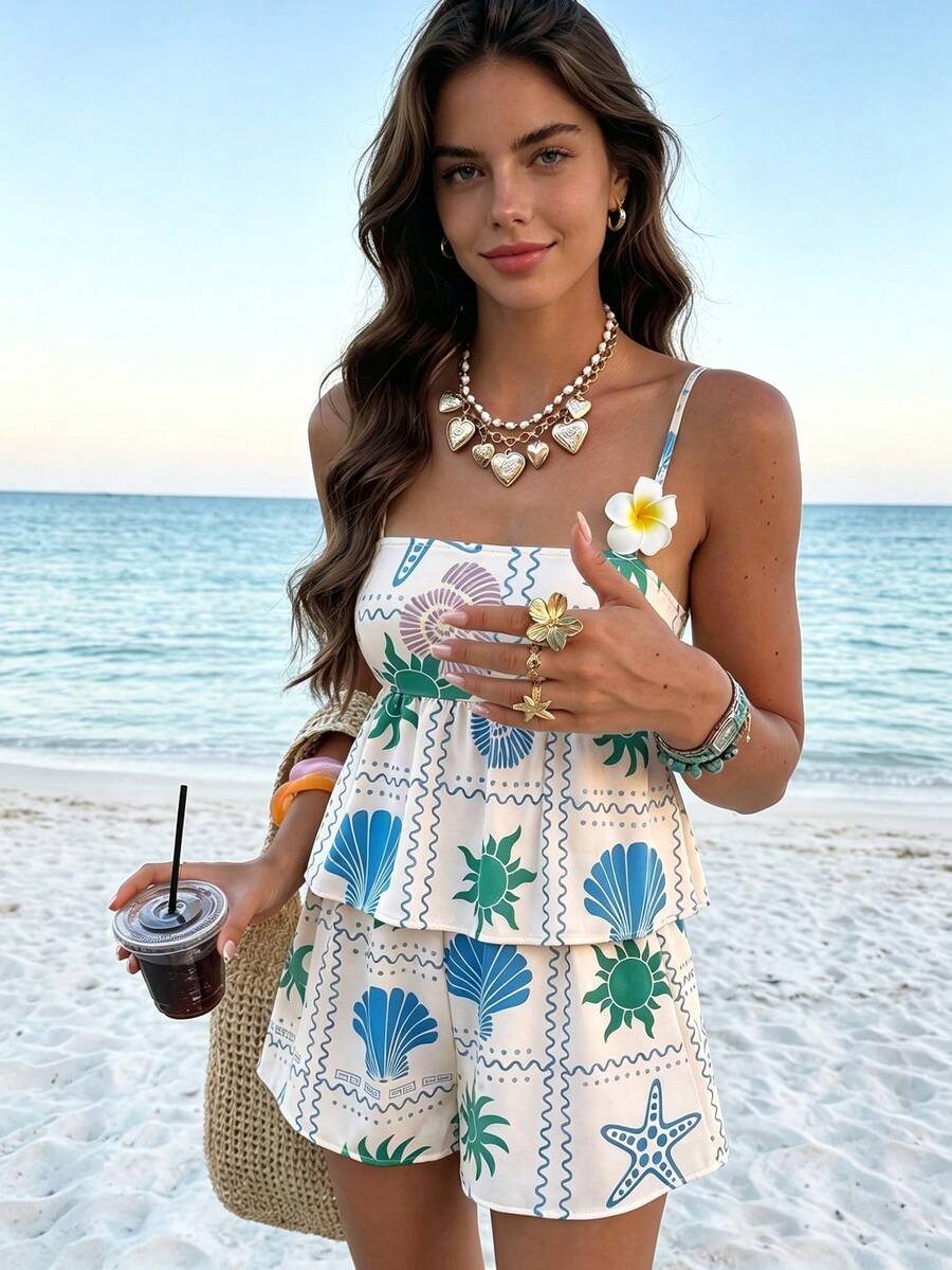Summer Ruffle Ocean Print Camisole 2 Pieces Set, Vintage Beach Style, Plus Size, Vacation & Daily Wear - Multicolor - View 1