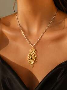 VceTd Juego de 1/2/3 piezas Collar con colgante de pluma dorada elegante y romántica con cadena de cuentas plateadas y pendientes de pluma en acero inoxidable para mujer, adecuado para uso diario, vacaciones o regalo festivo - Amarillo Oro - Ver 3