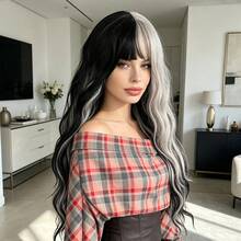 25 Inch Fluffy Long Wavy Synthetic Wig Black Grey Half Half Color Wig With Full Bangs Heat Resistant Wig For Women Daily Cosplay Party - Multicolor - View 3