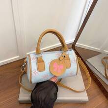 Women's Denim Bucket Handbag, Cherry & Butterfly Print Mini Boston Bag, Detachable Crossbody Strap, Cute Everyday Shoulder Bag - Multicolor - View 10