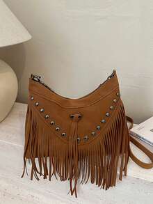Dedoo Women's Shoulder Crossbody Bag,Crescent Underarm Bag,Suede Material,Rivet Fringe Detachable Strap,Portable Storage,For Vacation Girls Autumn Winter - Brown - View 8