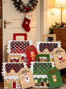 48/24/3pcs Christmas House Design Candy Boxes, Gingerbread House Snack Kraft Paper Packaging Box Set, Christmas Gift Box, Red, Beige, Green Set, Christmas Decoration, Christmas Pajamas, Christmas Gift - One Size Fits All - View 6