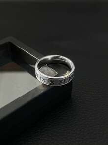 Minimalist Retro Men Ring, Polished Stainless Steel, Band With Roman Numeral Engraving, Jewelry For Men Daily Wear - Silver - View 5