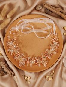1pc Romantic Floral Crystal Headband, Bridal Wedding Hair Accessory, Golden Branch Rhinestone Hair Decor, Organza Ribbon,Summer,Beach - Gold - View 6