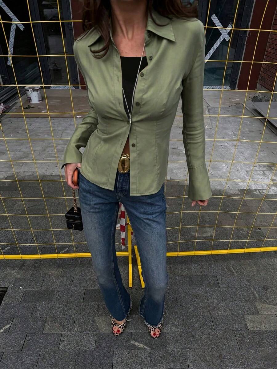 女款綠色編織長袖襯衫,標準版型,適合四季穿著,時尚且獨特 - 橄欖綠 - 查看 1