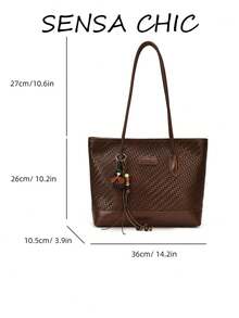 Vintage Woven Texture Tote Bag, Extended Slim Handle Design, Body Decorated With Creative Beaded Pendant, Open Large Capacity Interior, Structured Three-Dimensional Shape, Suitable For Daily Commute And Travel, Creating Artistic Atmosphere Outfit - Coffee Brown - View 2