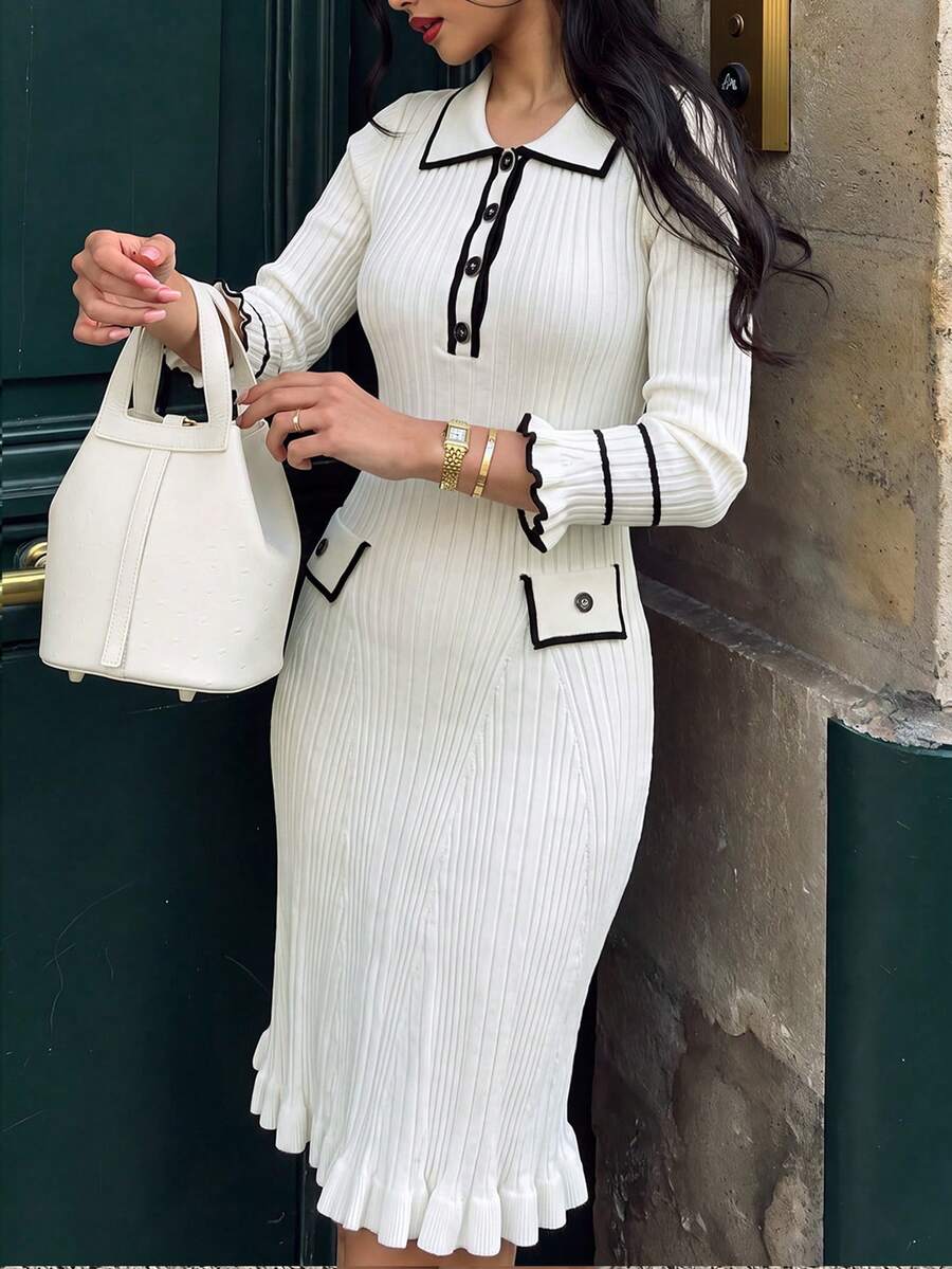 Yuwenier White Elegant Romantic Sweater Dresses Collar Micro-Flared Sleeves Fake Pocket Gathered Ruffled Skirt Hem For Daily Commute Christmas Clothes - White - View 1