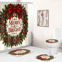 1pc/4pcs Red Bow & Floral Wreath Pattern Multi-Function Bathroom Decor Shower Curtain Set, Free 12 Hooks, Premium Holiday Atmosphere, Bathroom Mat, U-Shaped Rug And Round Toilet Lid Cover, Suitable For All Scenes Decoration Bathroom Set - Red Bow Wreath - View 7