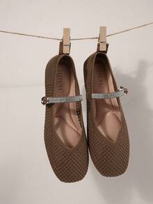 One-Strap Mary Jane Flat Shoes, Mesh Upper, Ankle Strap With Rhinestone Decoration - Brown - View 1