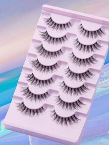 7 Pairs Natural D Curl Clear Stem Cross Style False Eyelashes - Black - View 2