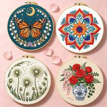 1PC 15*15cm/5.9*5.9in 20*20cm/7.9*7.9in,Flowers And Butterflies Embroidery Kit, DIY Handmade Embroidery Set For Adult Beginners, Home Gift, Women's Sewing Gift, Including User Manual, Printed Pattern Fabric, Embroidery Frame, Needle And Thread. - 20X20CM - View 3