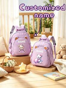 1pc Mini Personalized Customized Teddy Bear Backpack, Versatile Cute Teddy Bear & Elephant Theme Print, Zipper Closure Nylon Material, Adjustable Shoulder Straps, Hand-Carry, Suitable For School, Shopping, Daily Outings, Outdoor Travel. Birthday Gift. - Multicolor - View 1