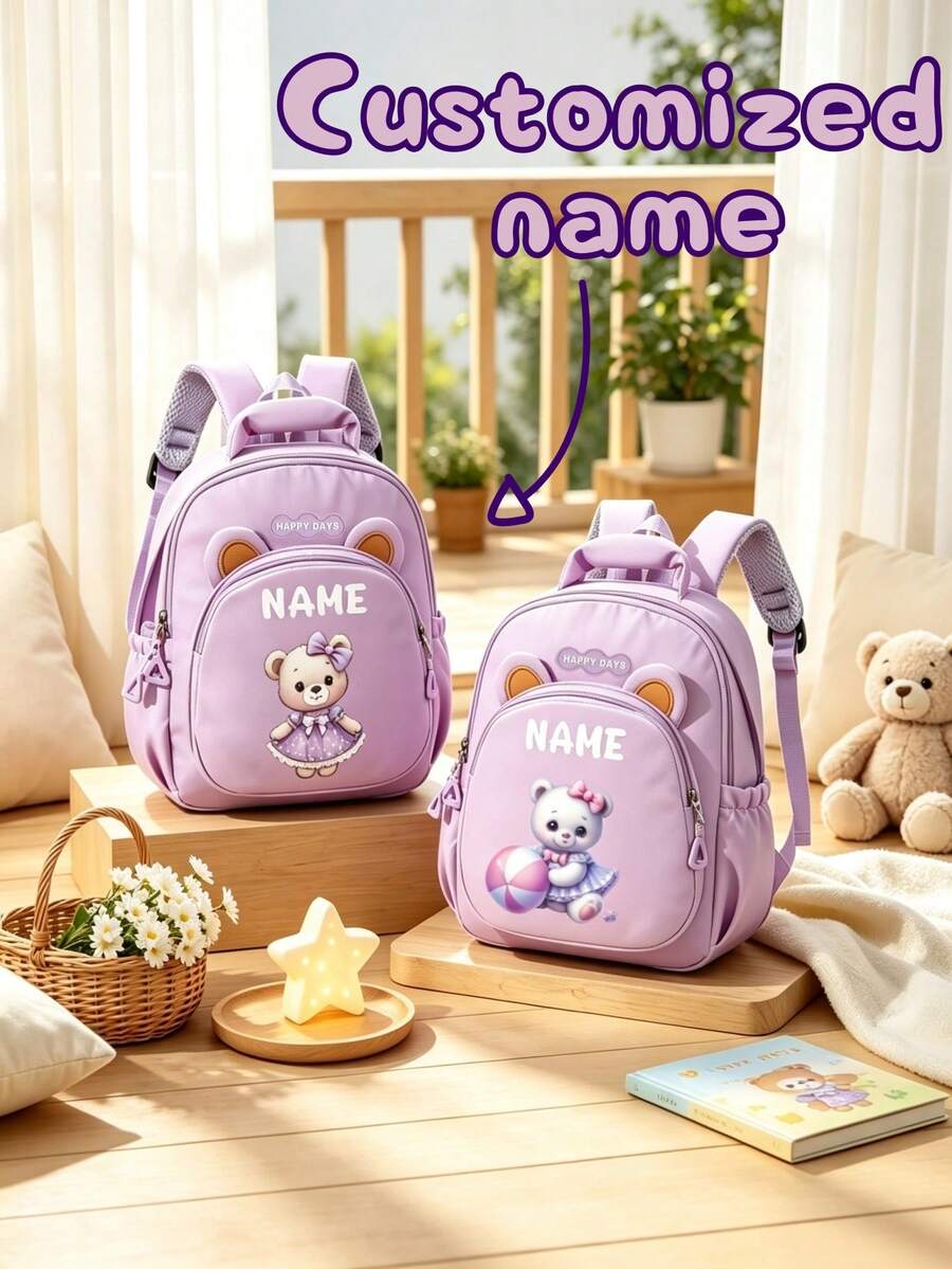 1pc Mini Personalized Customized Teddy Bear Backpack, Versatile Cute Teddy Bear & Elephant Theme Print, Zipper Closure Nylon Material, Adjustable Shoulder Straps, Hand-Carry, Suitable For School, Shopping, Daily Outings, Outdoor Travel. Birthday Gift. - Multicolor - View 1