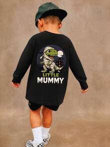 [Halloween] 1pc Boys' Black Long Sleeve Top, Front And Back Mummy Dinosaur Castle Full Moon LITTLE MUMMY Halloween Print, Playful Loose Casual Long Sleeve Shirt - Black - View 3