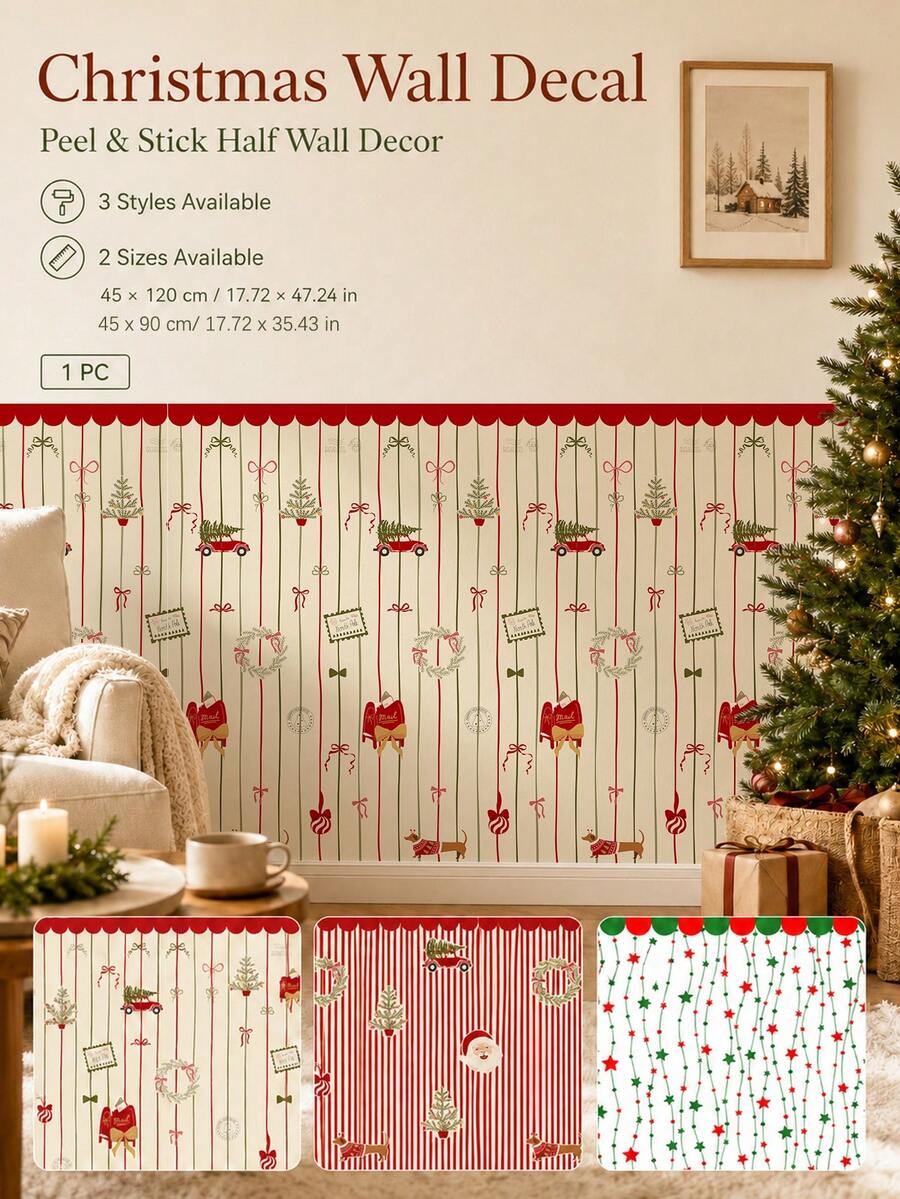 Christmas Half Wall Decal, Red & Green Stripe Peel And Stick Removable Wall Decor For Living Room, Bedroom & Entryway - Christmas - View 1