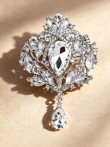 1pc Palace Style Heavy Rhinestone Water Drop Pendant Brooch, Vintage Luxurious Hollow Design Suit Coat Pin, Banquet Wedding Dress Accessory High-End Corsage - Silver - View 4