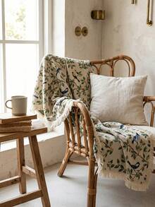 1pc Beige Base Green Branch & Blue Bird Print Tablecloth, French Fresh Style Linen Blend Fabric, Square Shape With Beige Tassel Edge Detail, Stain-Resistant Desktop Protector, Functional Dining Table Cloth Suitable For Daily Breakfast And Cozy Home Decor Scenes - Beige - View 6