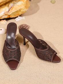 Sandal Hak Tinggi Bertabur Berlian Imitasi Jala Bergaya Vintage untuk Wanita, Sandal Selop Ujung Persegi Terbuka, Sepatu Hak Tinggi untuk Pesta Malam Hari, Pakaian Luar Ruangan - cokelat kopi - View 6