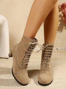 Women's Fashion Boots, Breathable Studded Chunky Heel Lace-Up Side Zipper Motorcycle Boots - Khaki - View 4