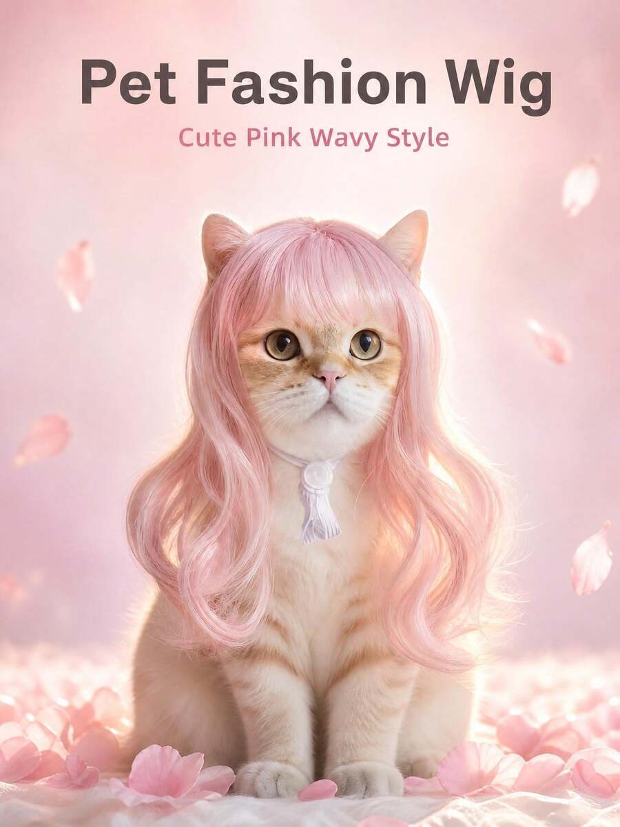 1pc Pet Cat & Dog Wig, Pink Bangs Long Hair Accessory, Suitable For Cats & Dogs, Perfect For Funny Pet Photos, Halloween & Christmas Theme Parties, Birthday Parties And Daily Fashion Cosplay Looks - Pink - View 1