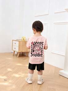 Baby Girls Plaid Graffiti & Letter Print Cute Girl Graphic Round Neck Short Sleeve Top - Pink - View 3